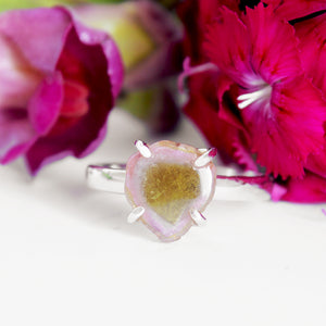 Rough Watermelon Pink With Green Center Tourmaline Silver Ring