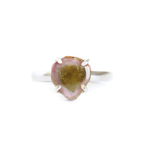 Rough Watermelon Pink With Green Center Tourmaline Silver Ring