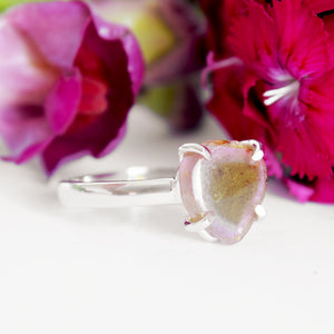 Rough Watermelon Pink With Green Center Tourmaline Silver Ring