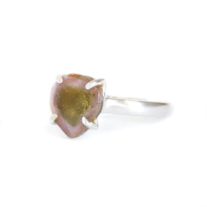 Rough Watermelon Pink With Green Center Tourmaline Silver Ring