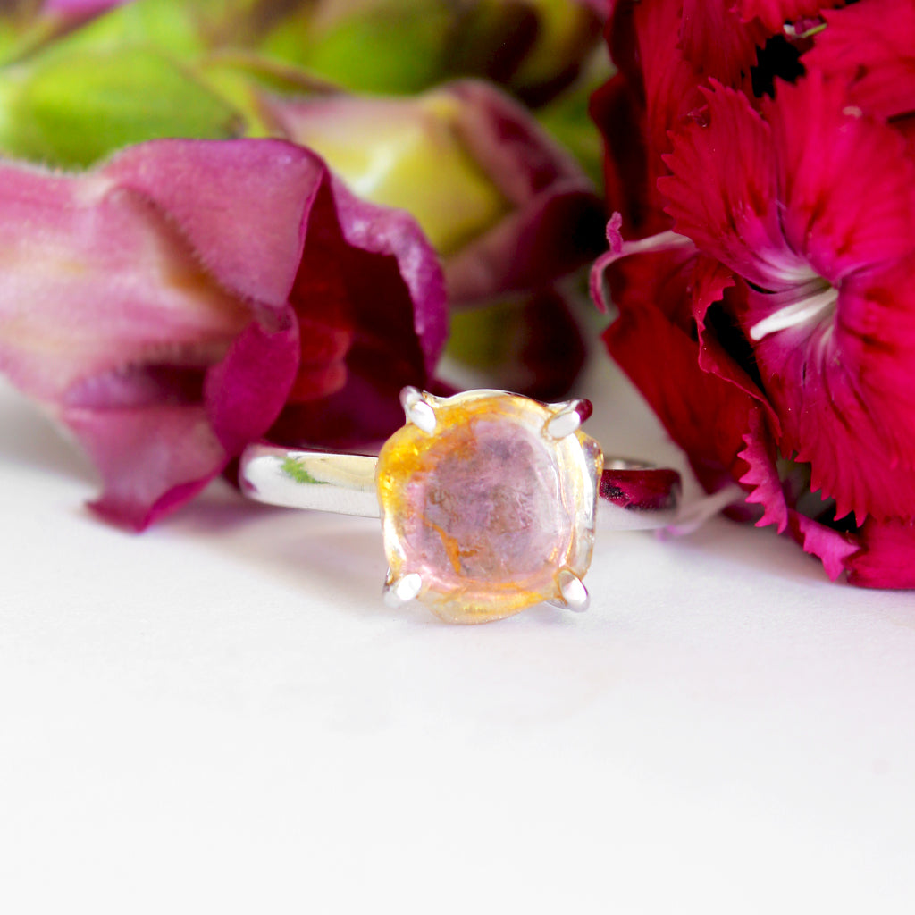 Rough Watermelon Yellow With Pink Center Tourmaline Silver Ring