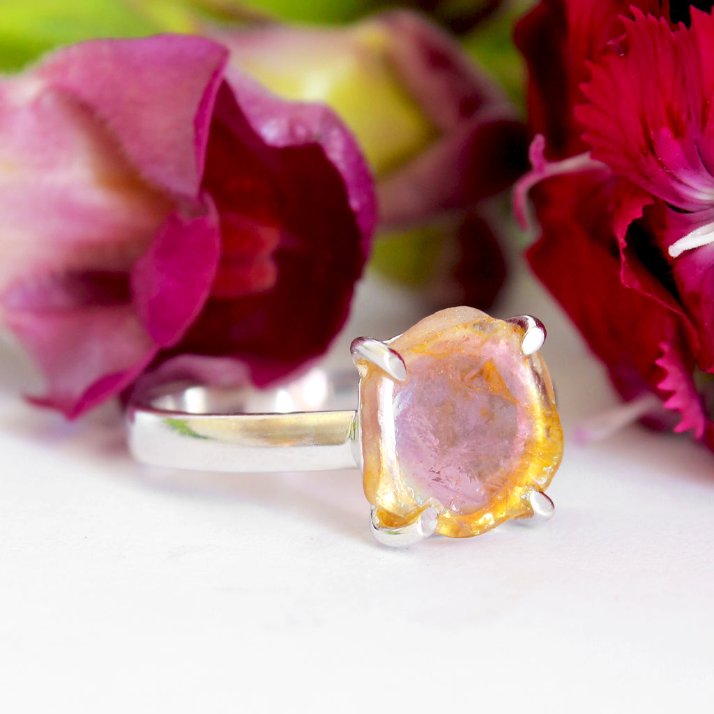 Rough Watermelon Yellow With Pink Center Tourmaline Silver Ring