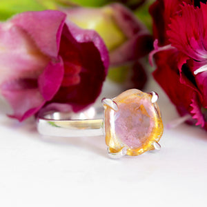 Rough Watermelon Yellow With Pink Center Tourmaline Silver Ring