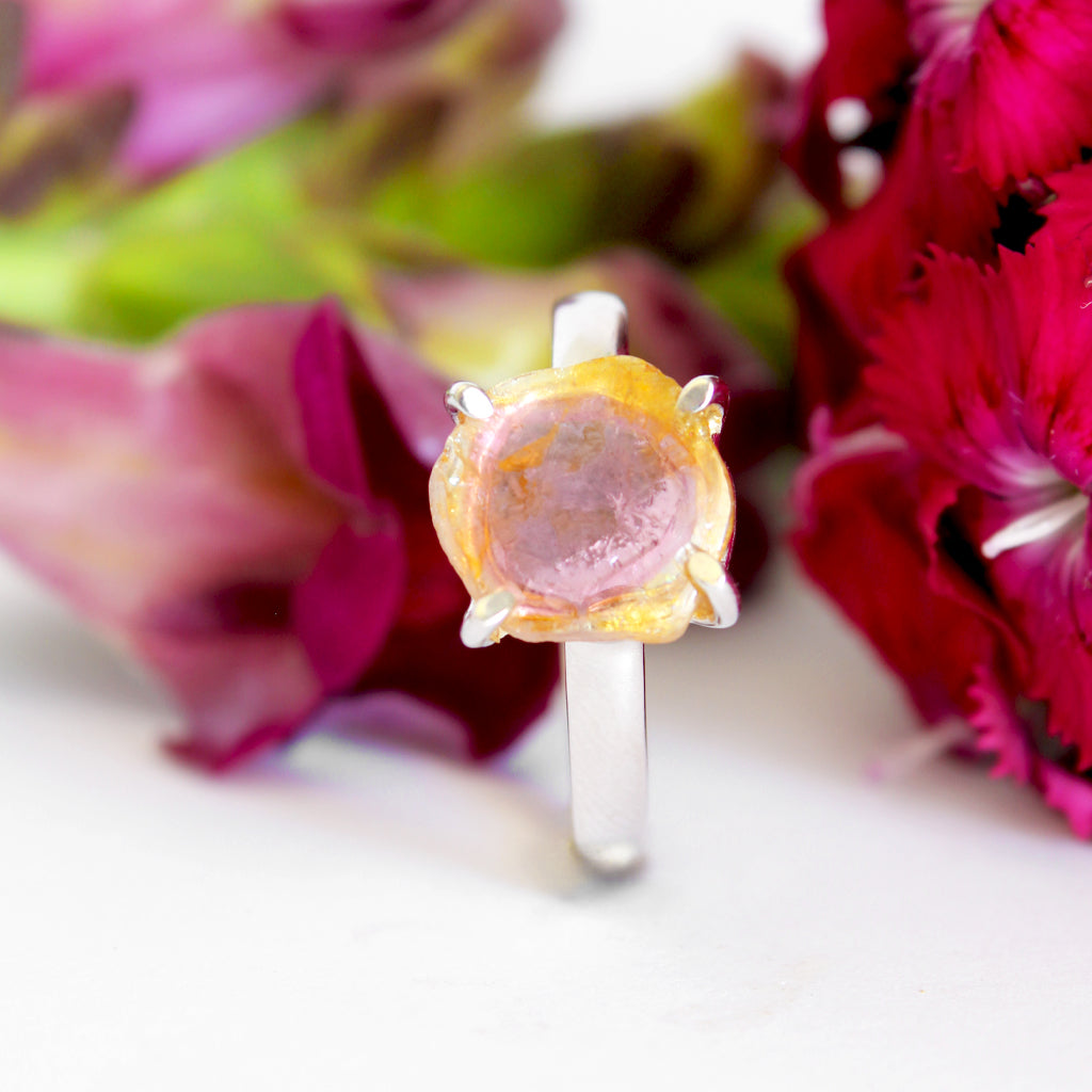 Rough Watermelon Yellow With Pink Center Tourmaline Silver Ring