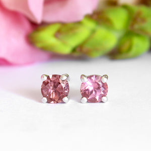 Round Cut Pink Tourmaline Silver Earring Studs