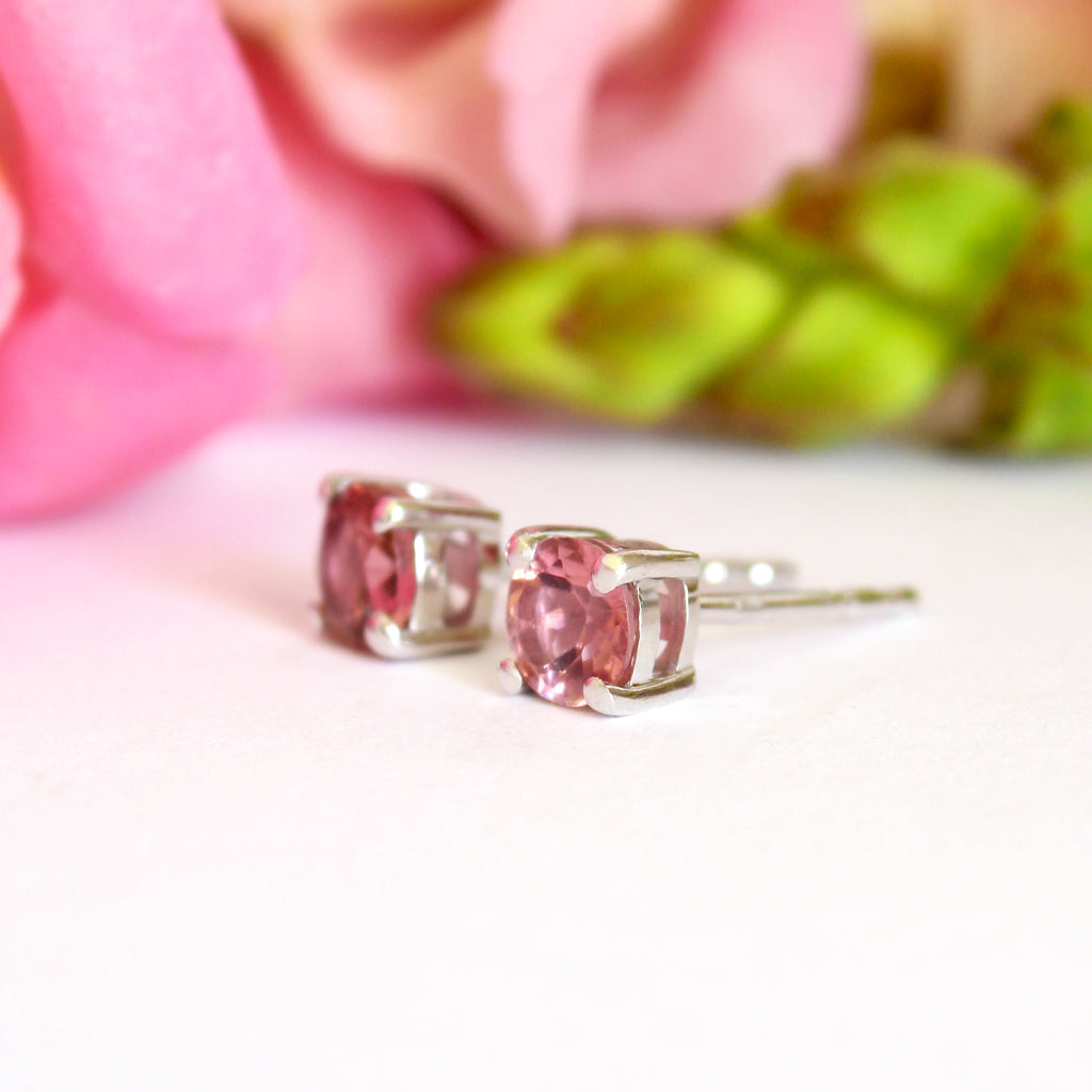 Round Cut Pink Tourmaline Silver Earring Studs