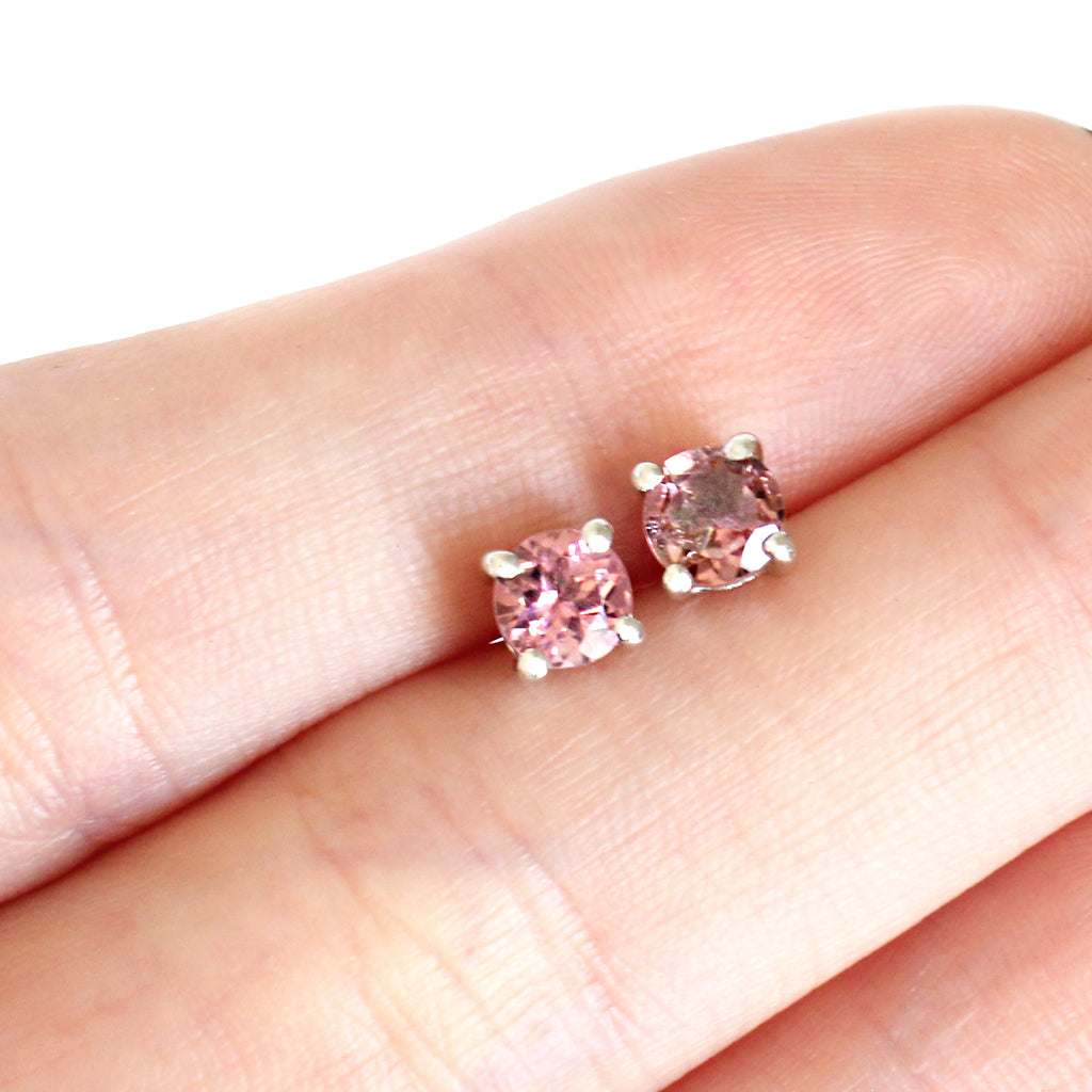 Round Cut Pink Tourmaline Silver Earring Studs