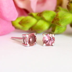 Round Cut Pink Tourmaline Silver Earring Studs