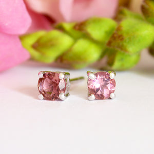 Round Cut Pink Tourmaline Silver Earring Studs