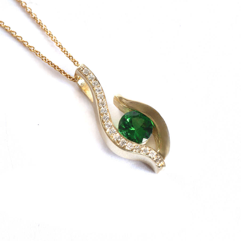 Sensual Tsavorite and Diamond Pave Yellow Gold Pendant