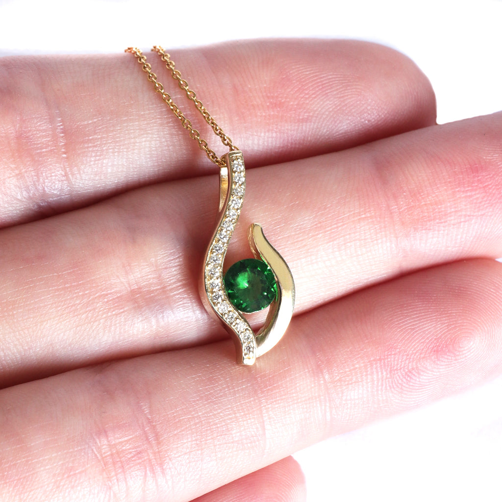 Sensual Tsavorite and Diamond Pave Yellow Gold Pendant