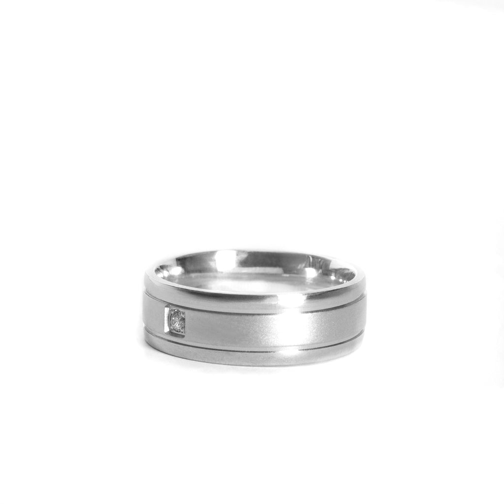 Silver Central Matte and Polished Band Solitaire Cubic Zirconia Band