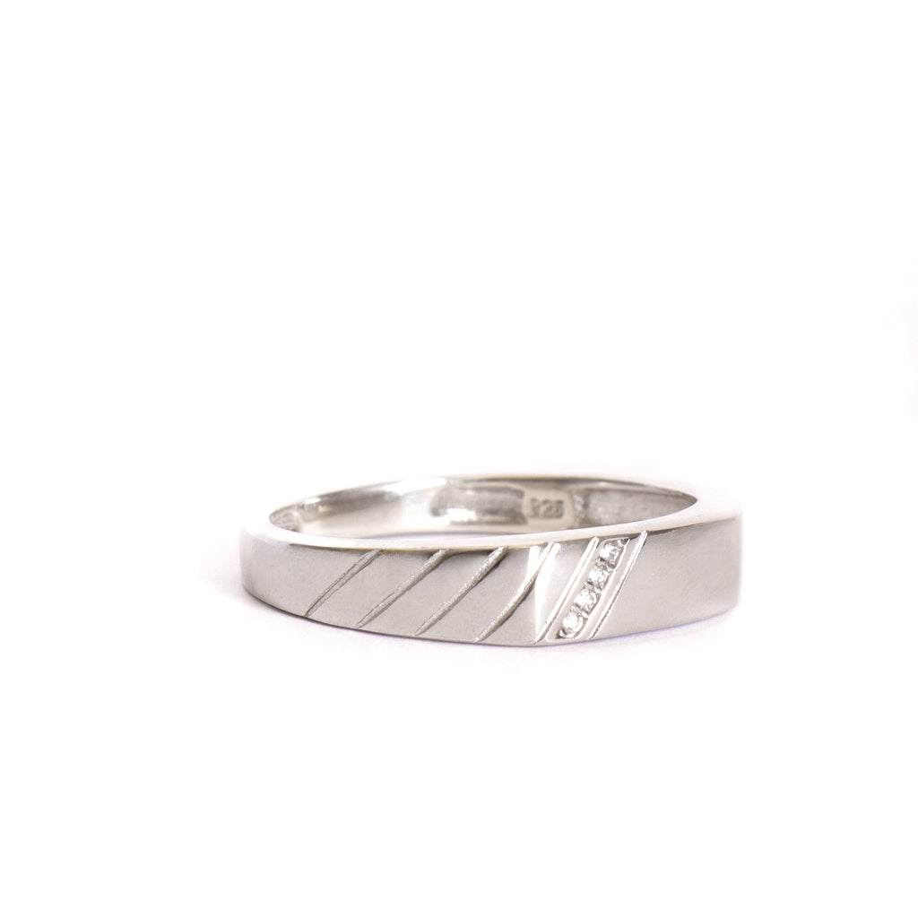 Silver Multiple Diagonally Grooved Cubic Zirconia Ring