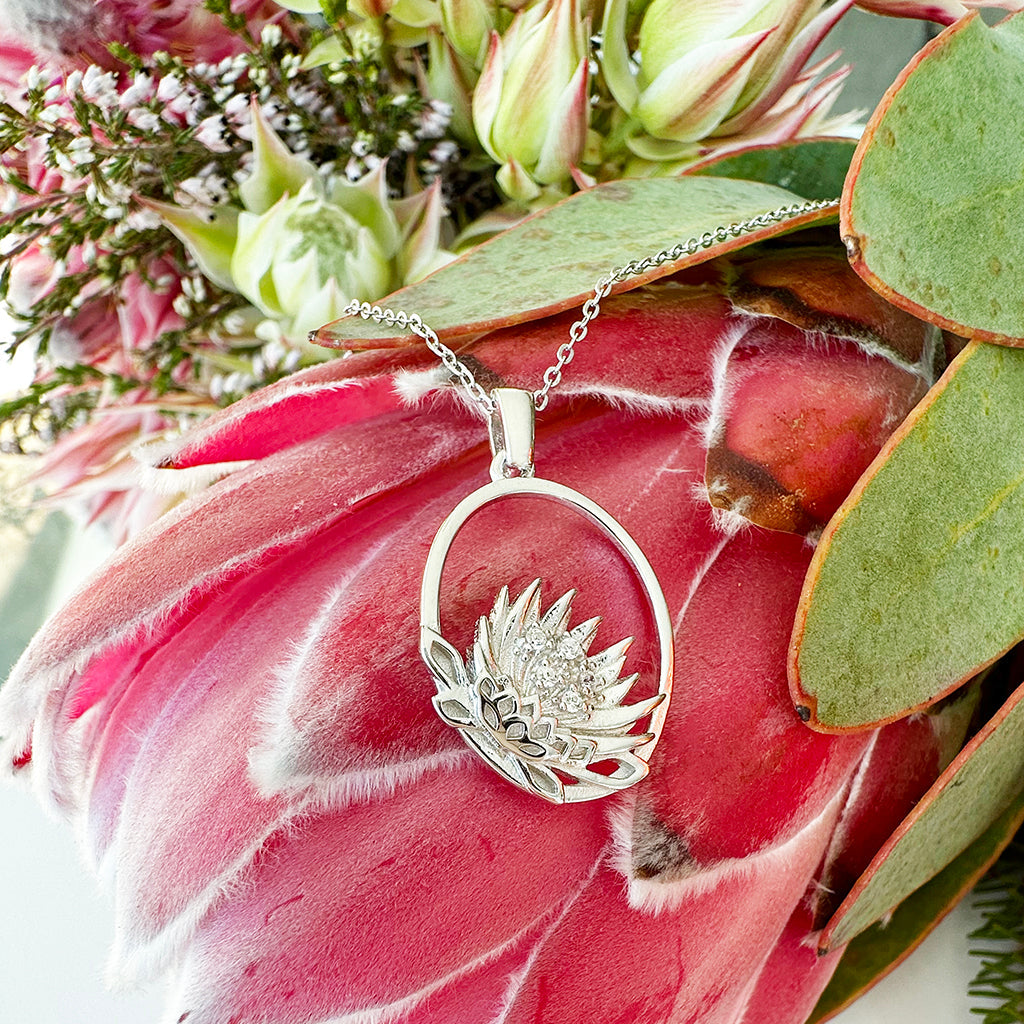 Silver Oval Protea Pendant