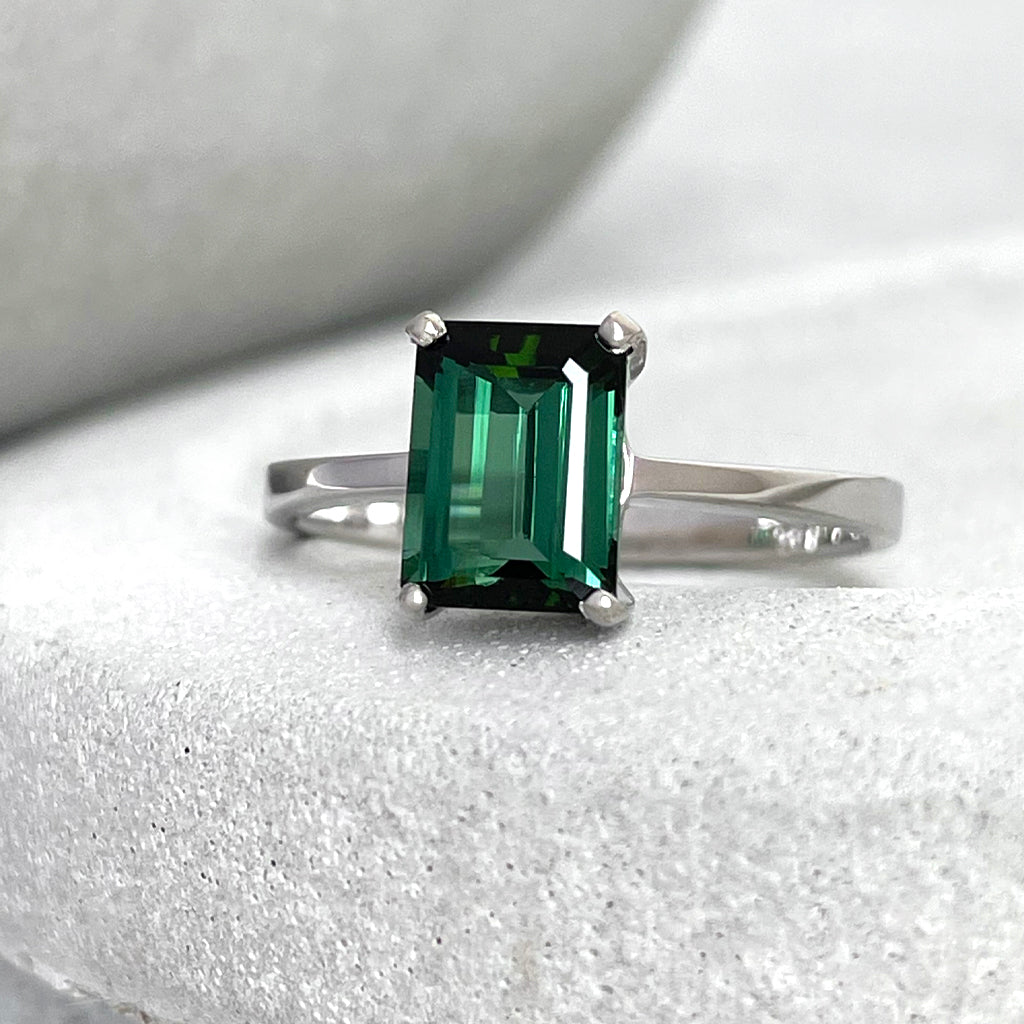 Solitaire Green Emerald Cut Tourmaline White Gold Ring