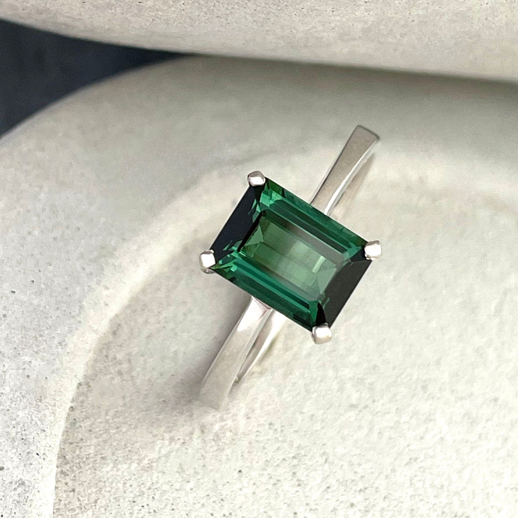 Solitaire Green Emerald Cut Tourmaline White Gold Ring