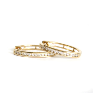 Standout Channel Set White Diamond Hoop Yellow Gold Earrings