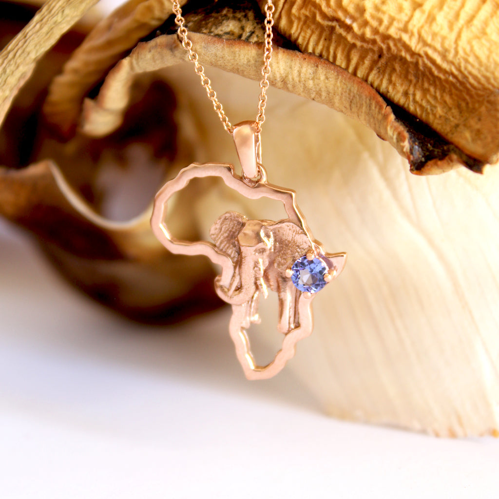 Striking Elephant Africa Map and Tanzanite Rose Gold Pendant