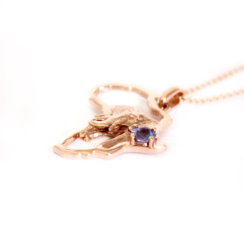 Striking Elephant Africa Map and Tanzanite Rose Gold Pendant