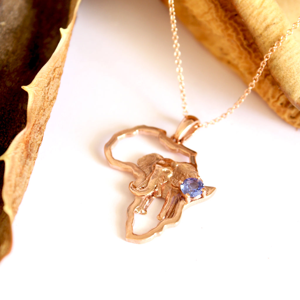 Striking Elephant Africa Map and Tanzanite Rose Gold Pendant