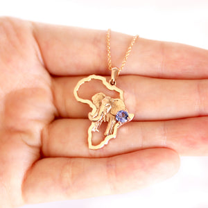 Striking Elephant Africa Map and Tanzanite Rose Gold Pendant