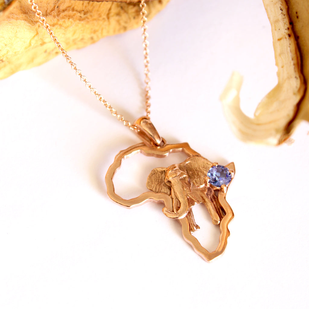 Striking Elephant Africa Map and Tanzanite Rose Gold Pendant