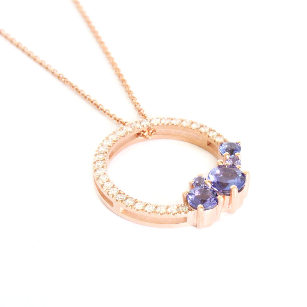 Stunning Tanzanite Cluster Diamond Halo Rose Gold Pendant