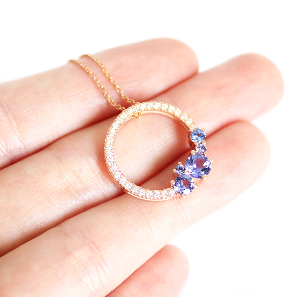 Stunning Tanzanite Cluster Diamond Halo Rose Gold Pendant