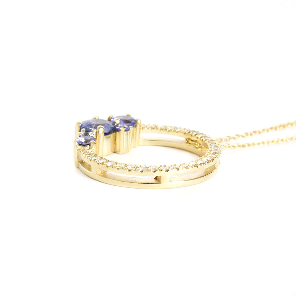 Stunning Tanzanite Cluster Diamond Halo Yellow Gold Pendant