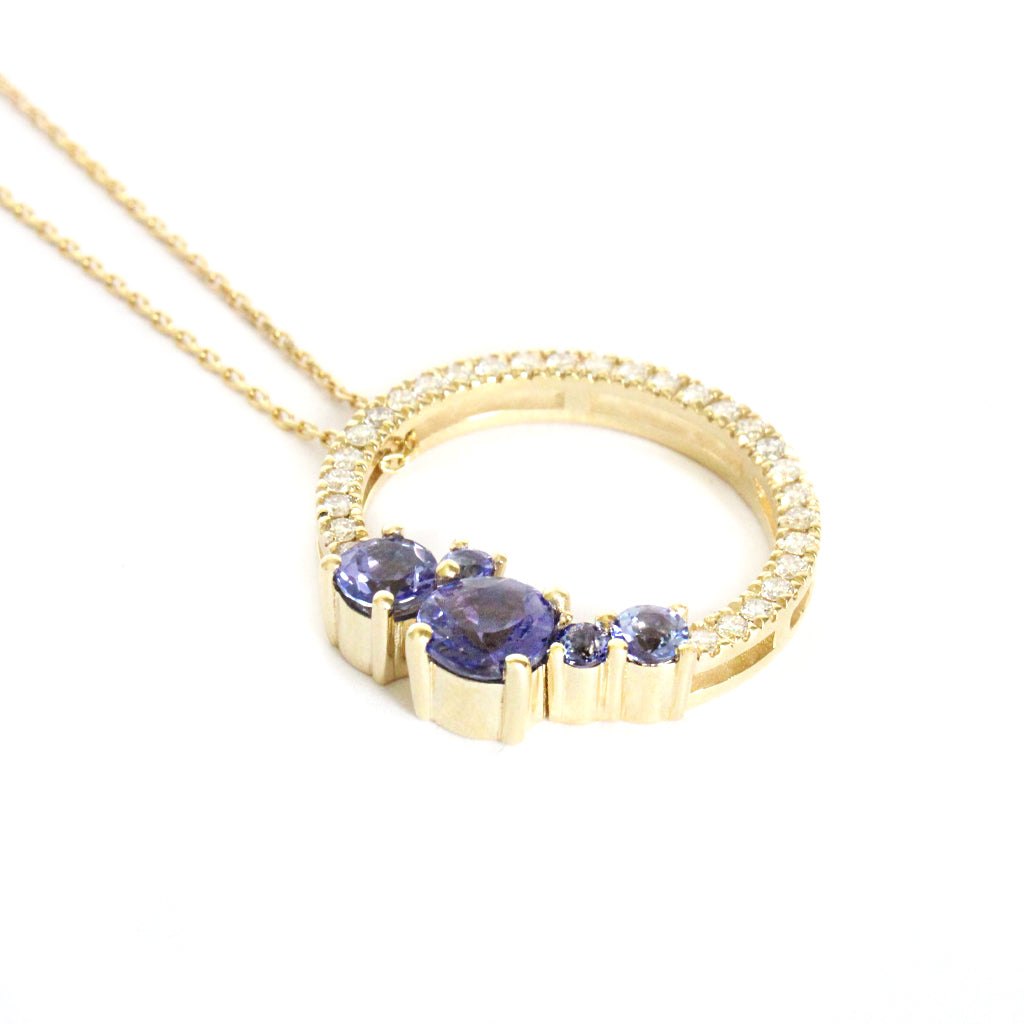 Stunning Tanzanite Cluster Diamond Halo Yellow Gold Pendant