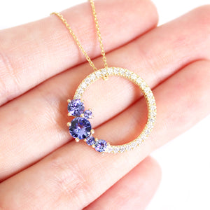 Stunning Tanzanite Cluster Diamond Halo Yellow Gold Pendant