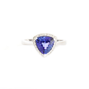 Tantalizing Trilliant Cut Tanzanite With Diamond Halo Ring