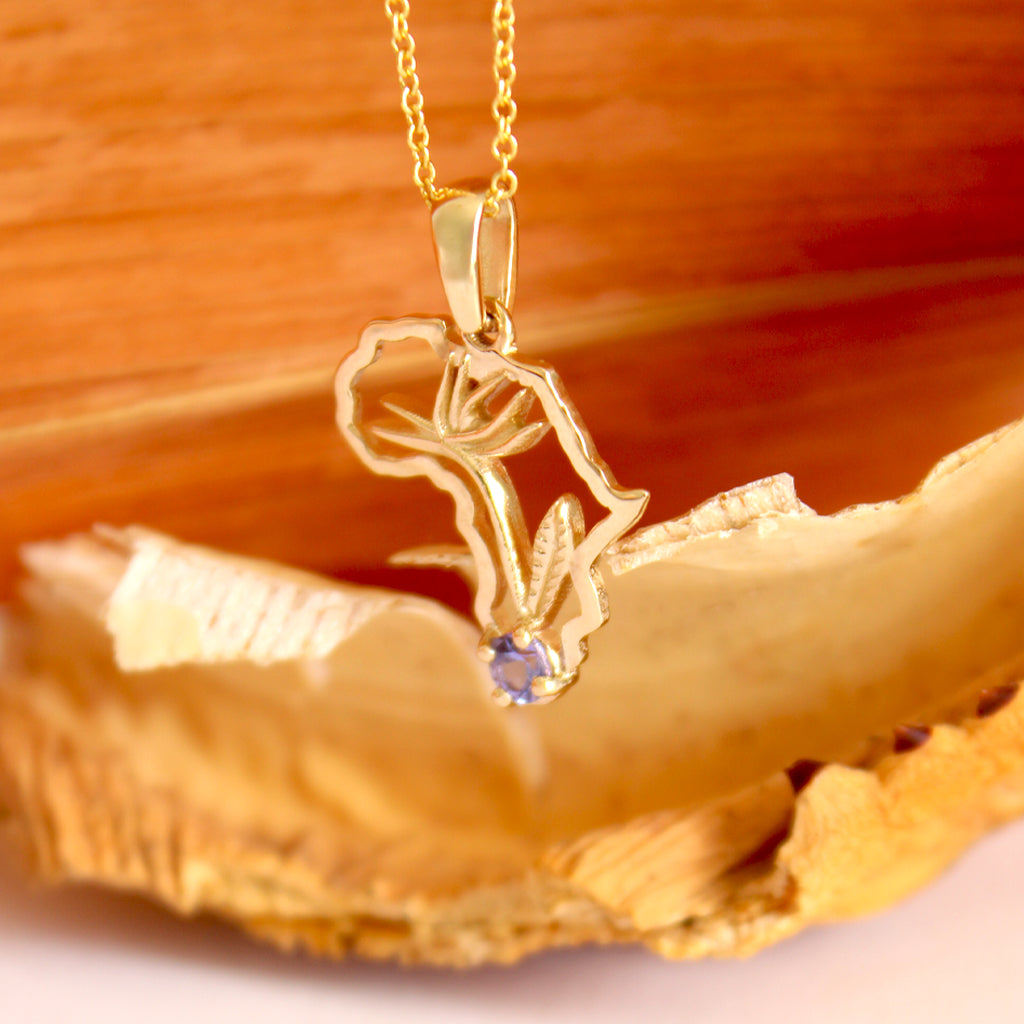 Tanzanite Africa Map Bird of Paradise Yellow Gold Pendant