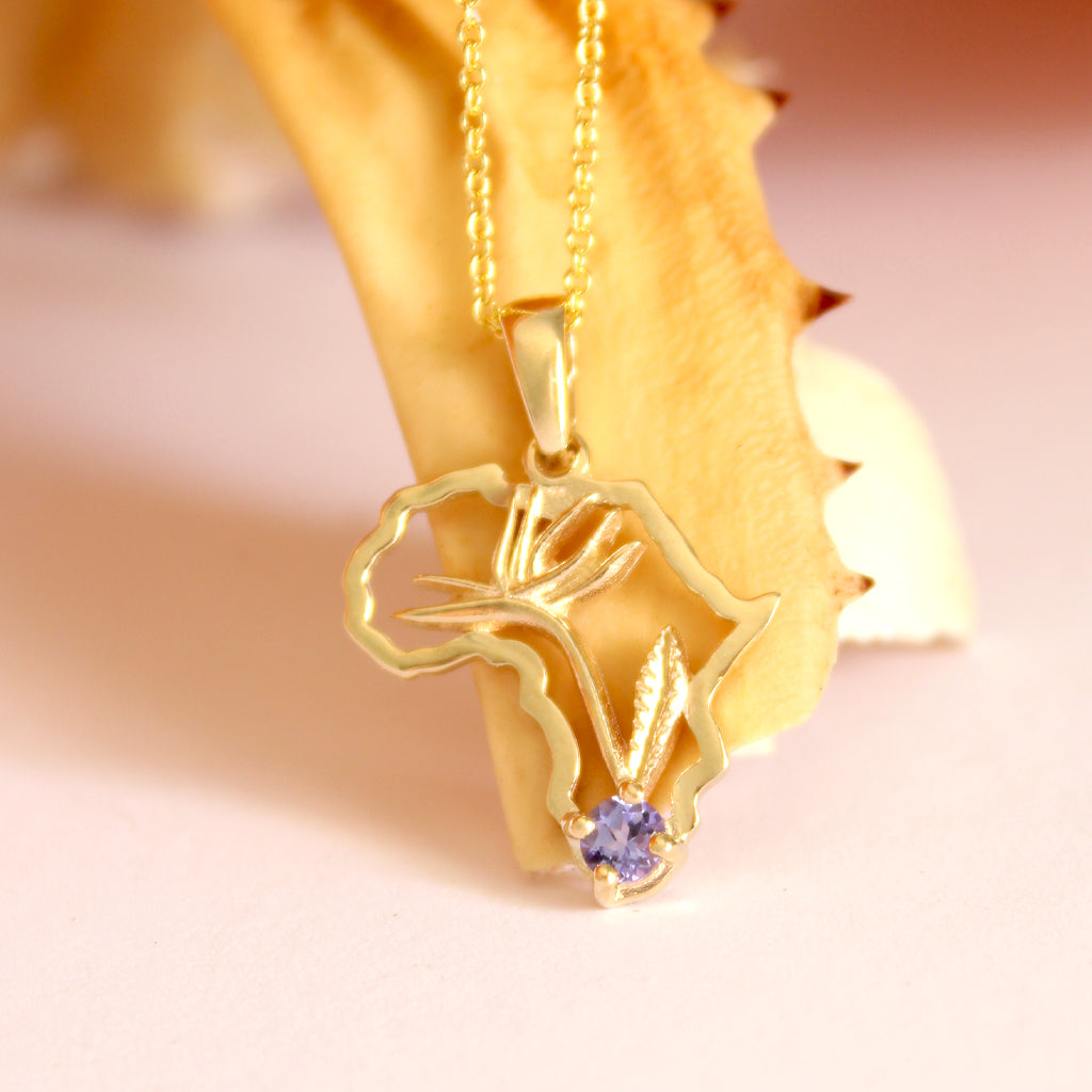 Tanzanite Africa Map Bird of Paradise Yellow Gold Pendant