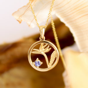 Tanzanite Circular Bird of Paradise Yellow Gold Pendant