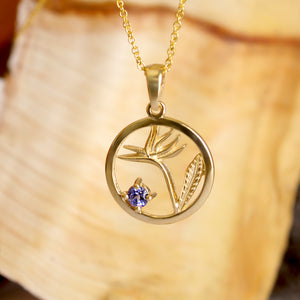 Tanzanite Circular Bird of Paradise Yellow Gold Pendant