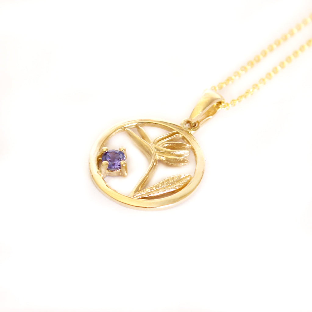 Tanzanite Circular Bird of Paradise Yellow Gold Pendant