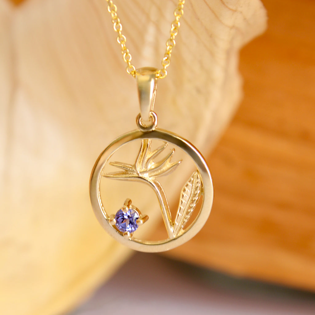 Tanzanite Circular Bird of Paradise Yellow Gold Pendant