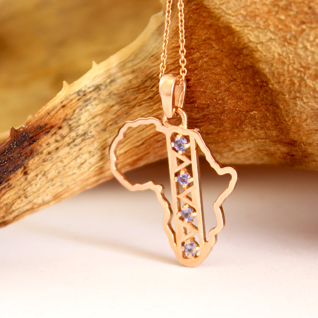 Tribal Pattern Africa Map Rose Gold Tanzanite Pendant