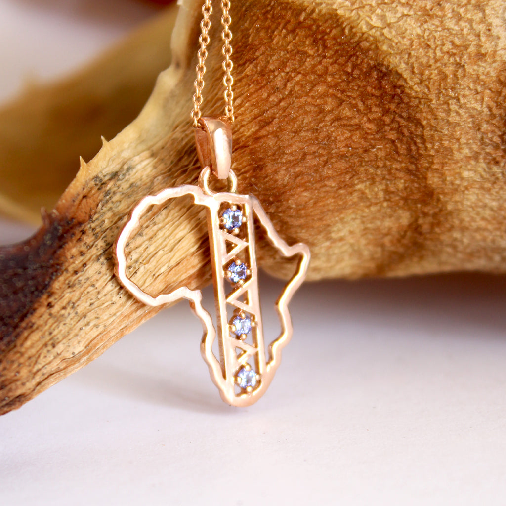 Tribal Pattern Africa Map Rose Gold Tanzanite Pendant