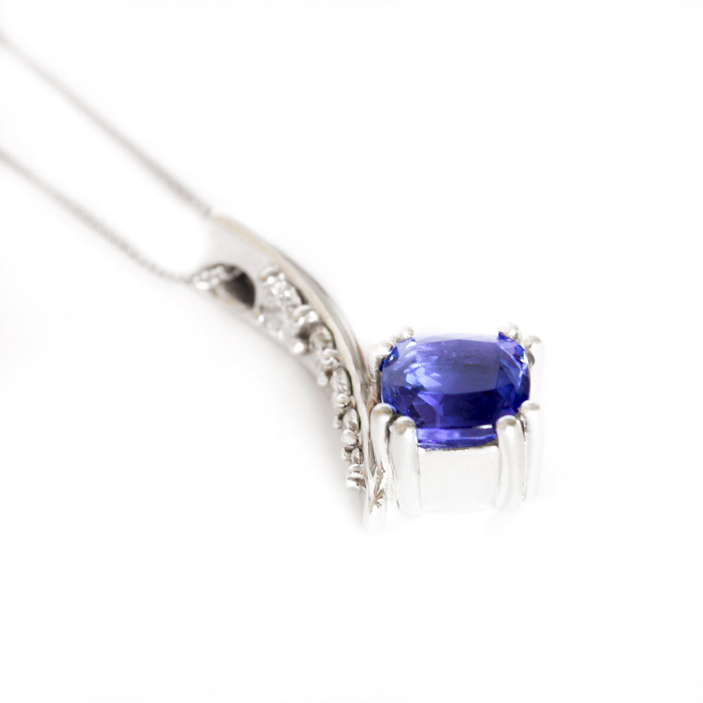 Ultra Glam Cushion Cut Tanzanite and Elaborate Side Sweep White Diamond Bale Pendant