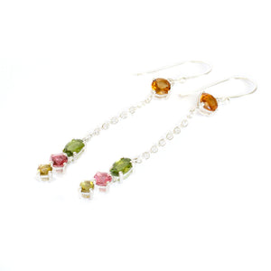 Vibrant Multi-Stone Mixed Cut Tourmaline Silver Drop Earrings