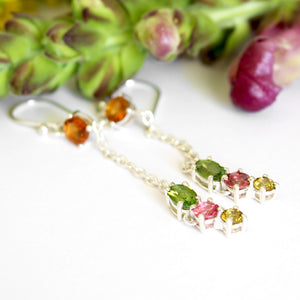 Vibrant Multi-Stone Mixed Cut Tourmaline Silver Drop Earrings