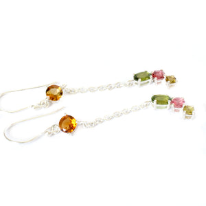 Vibrant Multi-Stone Mixed Cut Tourmaline Silver Drop Earrings