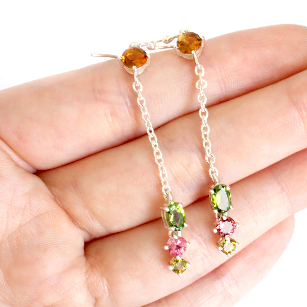 Vibrant Multi-Stone Mixed Cut Tourmaline Silver Drop Earrings