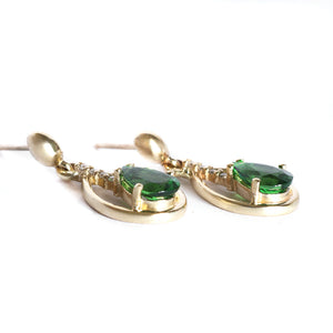 Yellow Gold Pear Cut Tsavorite Earrings with Diamond Strip Highlight