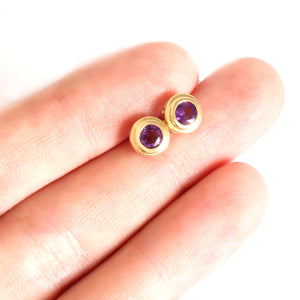 Yellow Gold Studs with Grape Garnet Centers