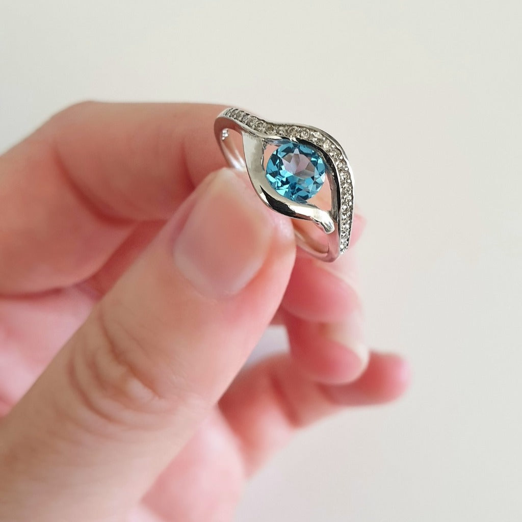 Round Cut Topaz and Pavé Diamond Ring