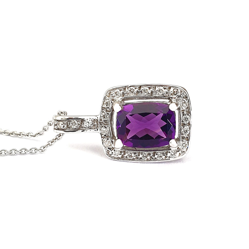   Amethyst Cushion Cut and Diamond Halo Pendant