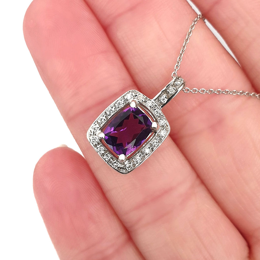   Amethyst Cushion Cut and Diamond Halo Pendant